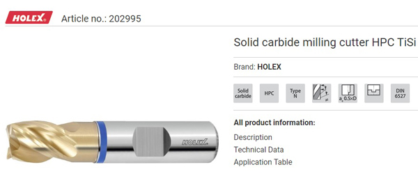 HOLEX Solid carbide milling cutter HPC TiSi 202995