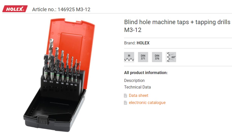 HOLEX tapping drills M3-12