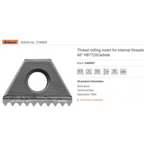Thread milling insert for internal threads 60° HB7720Carbide 218005