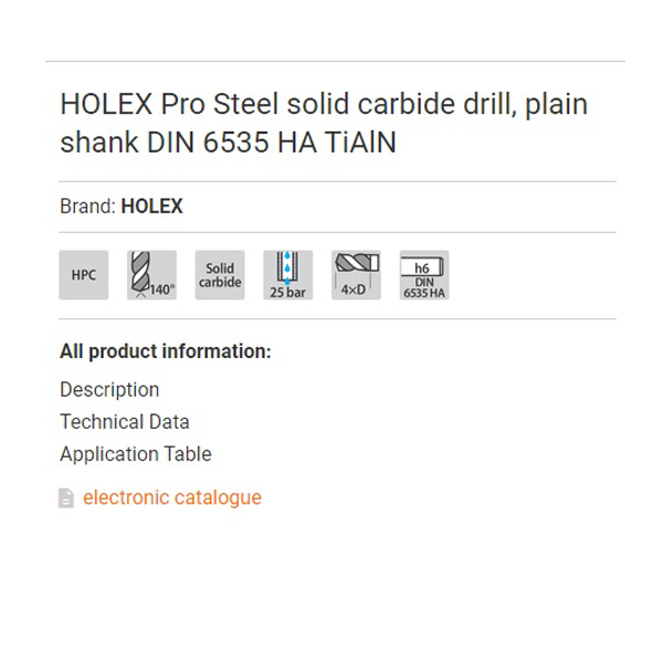 HOLEX Pro Steel solid carbide drill, plain shank DIN 6535 HA TiAlN